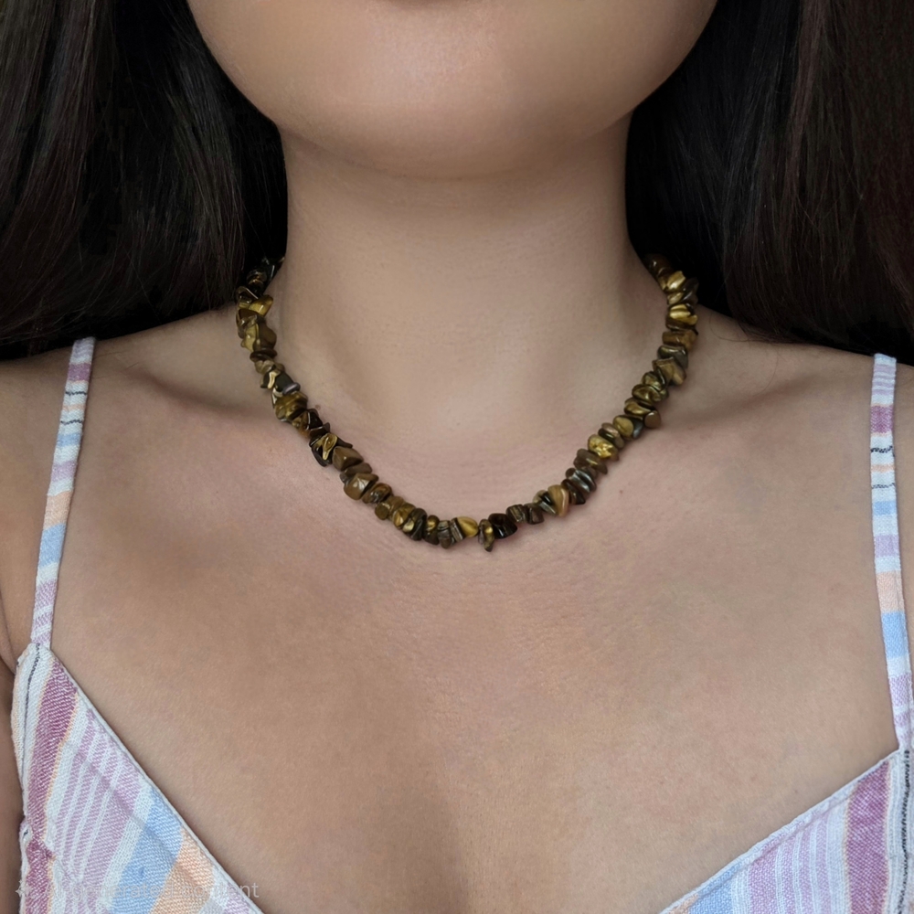 Natural Tiger Eye Necklace Gravel Crystal Jewelry Stainless Steel Boho Retro Y2K
